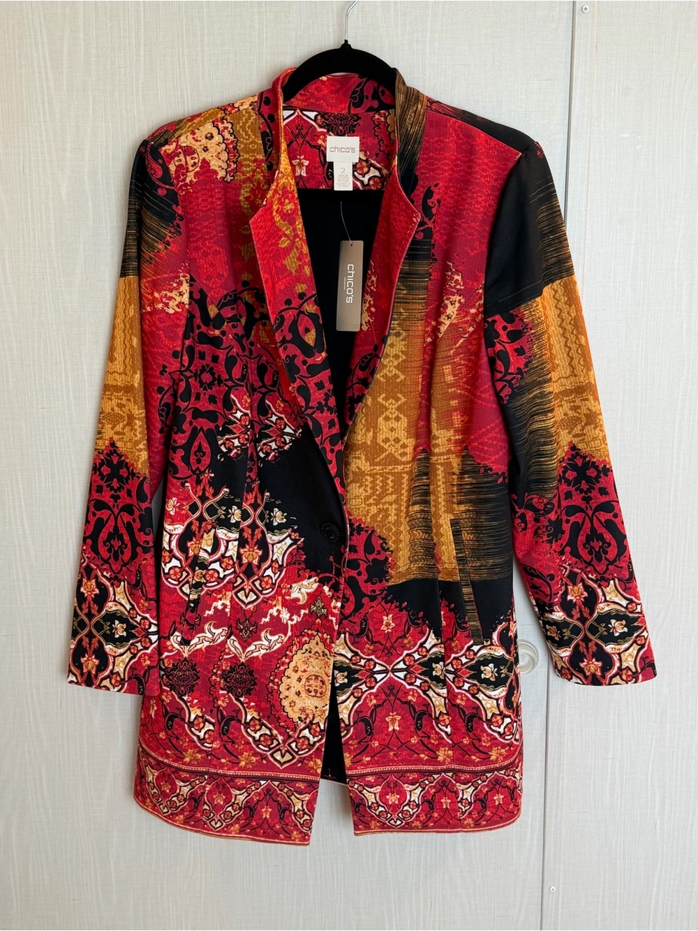 New Tags Chico's Printed Statement Jacket Button Blazer sz 2 L Art to Wear